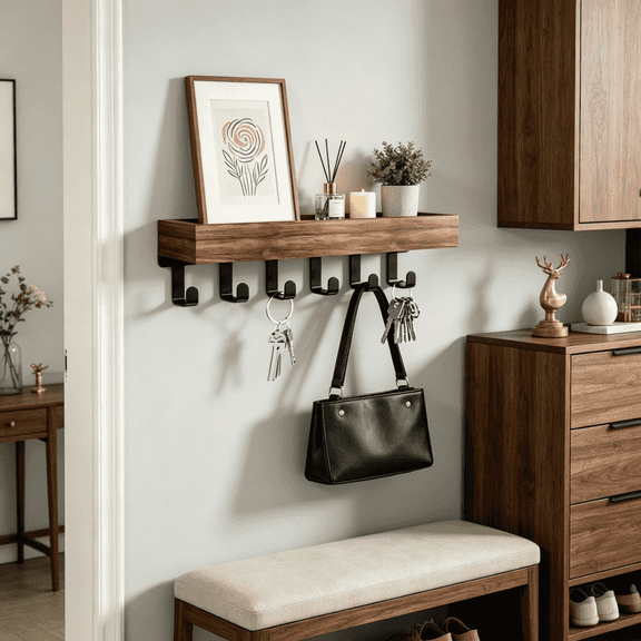 JUXIAO Wood WallMount Mail & Key Holder, 10in Entryway Organizer with Shelf & 6 Hooks for Apartment, Hallway, Bedroom, Living Room, Office, Distressed Tan