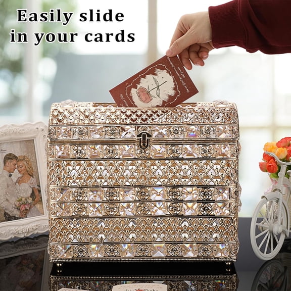 JUXYES Gold Sparkle Crystal Wedding Card Box With Lid for Reception, Gorgeous Treasure Chest Style Keepsake Envelope Box Large Card Receiving Box for Wedding, Reception, Birthday Party