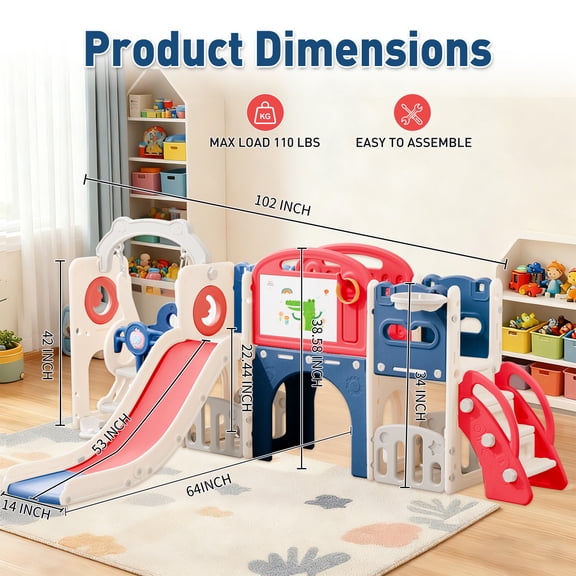 JUYG 12-in-1 Indoor/Outdoor Playset, Red/Blue, Swing, Slide, Climber, Basketball Hoop