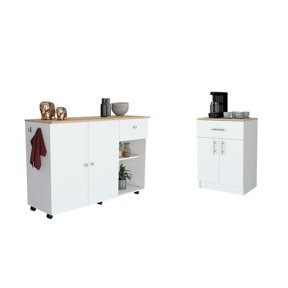 JUYG 2-Piece Kitchen Set, Kitchen Island Cart + Pantry Cabinet, White/Light Oak