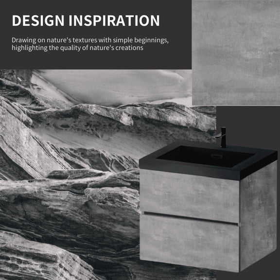 JUYG 24" Cement Grey Floating Vanity, Black Quartz Sand Top Basin, Soft-Close Drawers