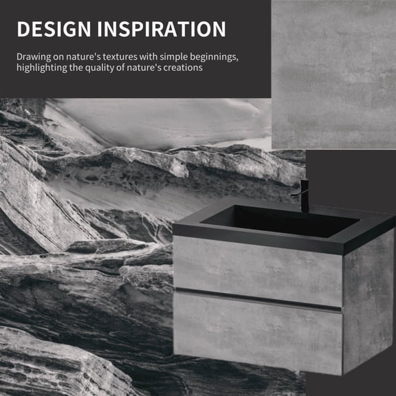 JUYG 30" Cement Grey Floating Vanity, Black Quartz Sand Top Basin, Soft-Close Drawers