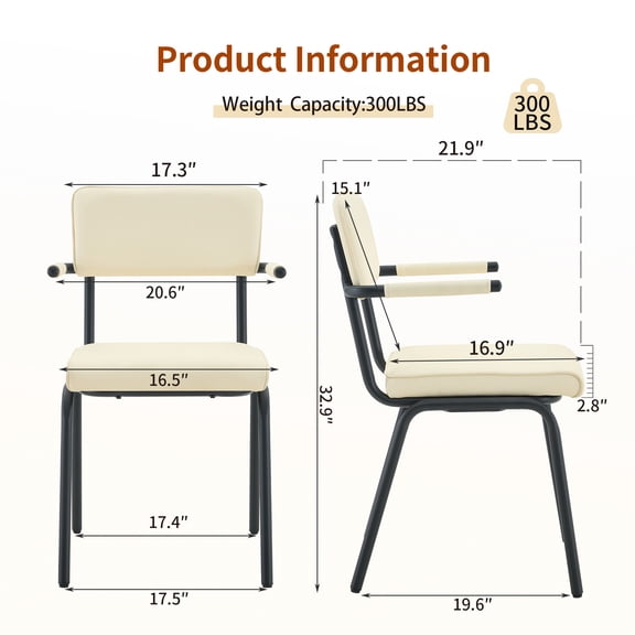 JUYG 4-Pack Off-White Dining Chair, Premium Leather, Hangable Armrests, Metal Legs