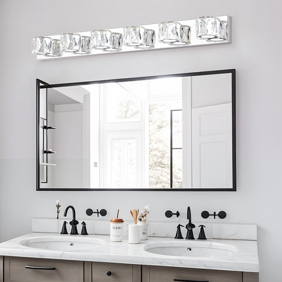 JUYG 41" Chrome 6-Light LED Vanity Light, Clear Crystal Shades