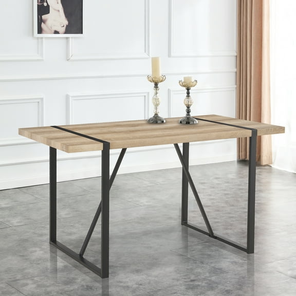 JUYG 55.1x31.4x29.9" Industrial Dining Table, Wood Top, Black Metal Legs, Seats 4-6