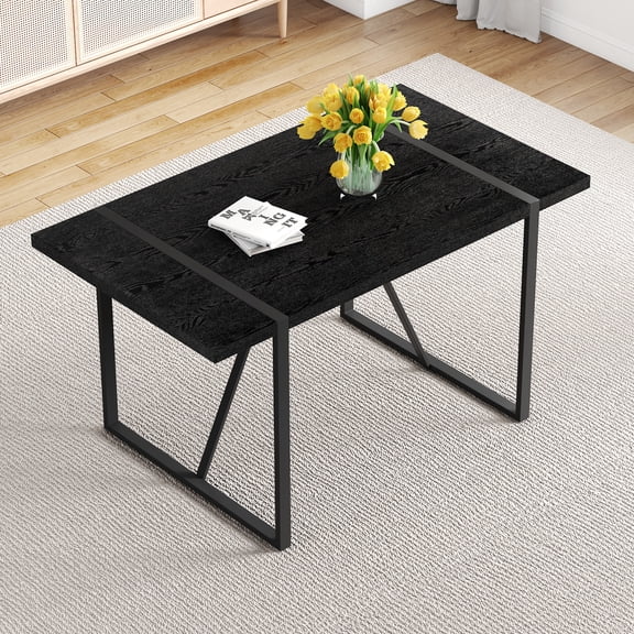 JUYG 55" Retro Dining Table, Black Textured Top, Rectangular Metal Legs
