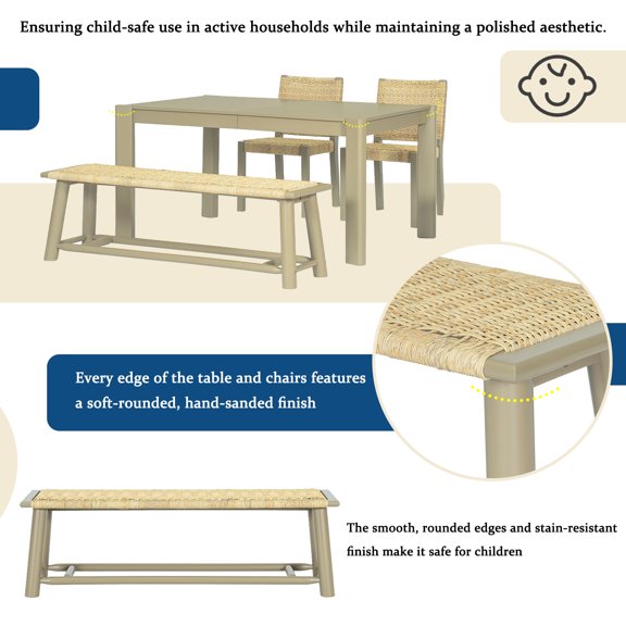 JUYG 59" Solid Wood Rattan Bench, Champagne Finish, Multi-Functional