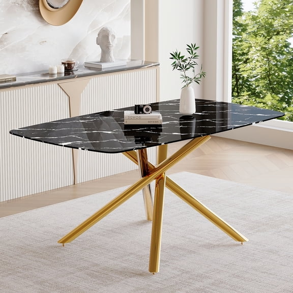 JUYG 63x35.4" Black Marble Glass Dining Table, Gold Fork Legs