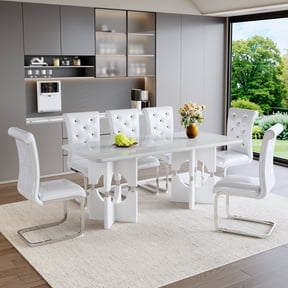 JUYG 7-Piece Rectangular Dining Set, White Faux Marble MDF Table, 6 White Tufted PVC Chairs