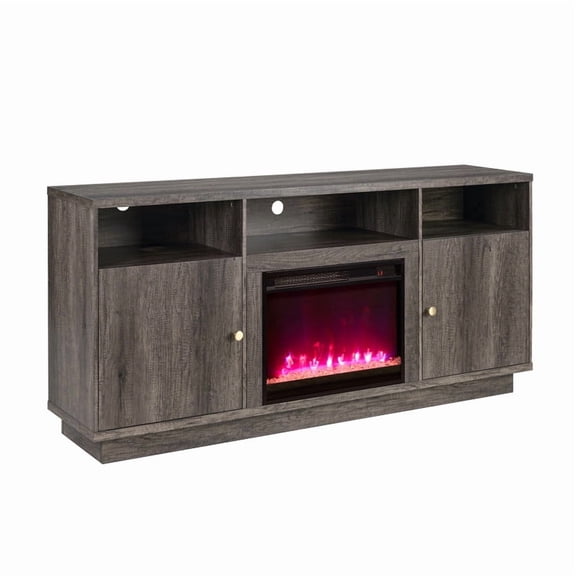 JUYG 70" Fireplace TV Stand, Gray Walnut, Heater, LED Light, Cabinets, Shelves