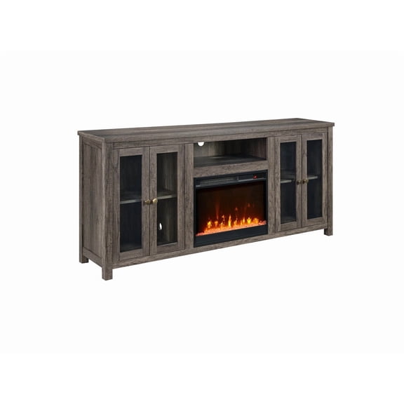 JUYG 70" Fireplace TV Stand, Gray Walnut, Heater, LED Light, Cabinets, Shelves