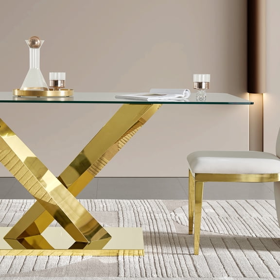 JUYG 70" Glass Dining Table, Clear Tempered Top, Gold Stainless Base