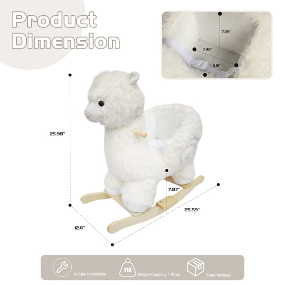 JUYG Alpaca Rocking Toy, Jingle Bells, Hand Puppets, Safety Belt, White, Ages 1-3