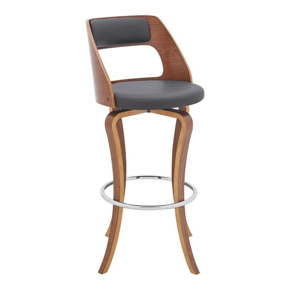 JUYG Fiera 29" Swivel Bar Stool, Gray Faux Leather, Walnut Wood