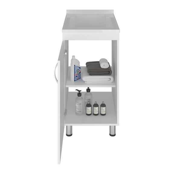 JUYG Freestanding Utility Tub, 1 Door, 2 Shelves, 4 Legs, White