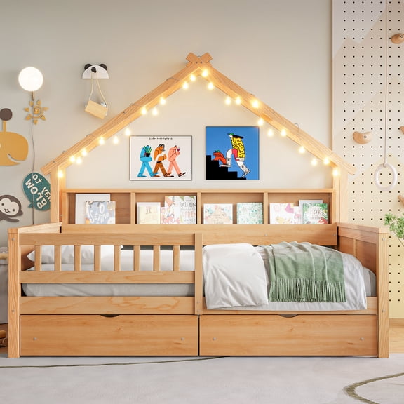 JUYG Full House Platform Bed with LED, Storage Shelves, Drawers and Guardrail, Natural