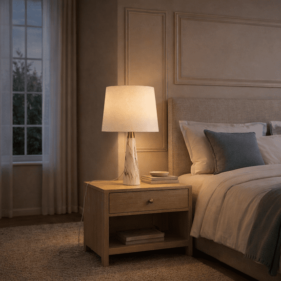 JUYG Hydro White Table Lamp, Faux Marble Base, Fabric Shade