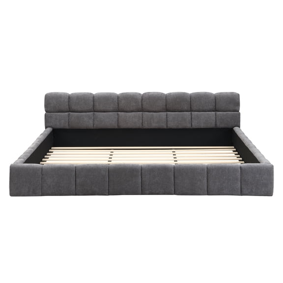 JUYG King Chenille Upholstered Bed with Checkerboard Design, Grey