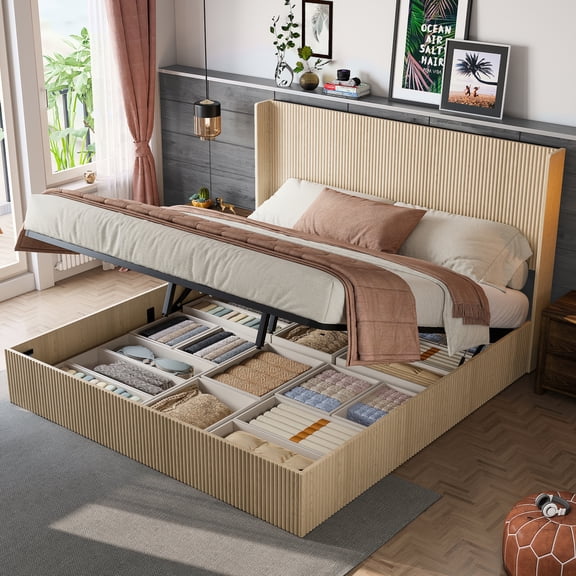 JUYG King Lift-Up Storage Bed Frame with Grooved Design, Oak