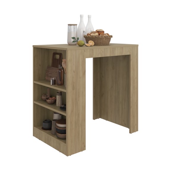JUYG Lacour Kitchen Island, Natural Oak, Bar Table, 3 Side Shelves