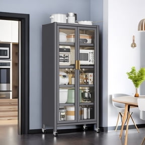 JUYG Open-Door Kitchen Shelving, Gray, Floor-to-Ceiling, Microwave Storage