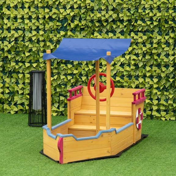 JUYG Pirate Ship Wooden Sandbox, Cover, Rudder, Storage Bench, Ages 3-8