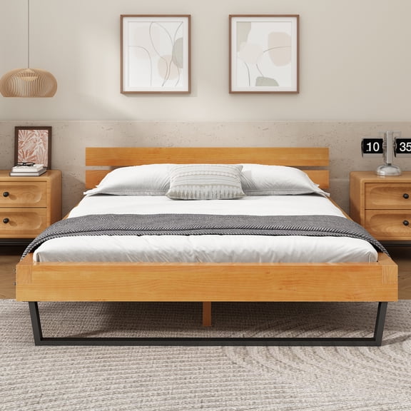 JUYG Queen Pine Wood Bed Frame, Natural and Black