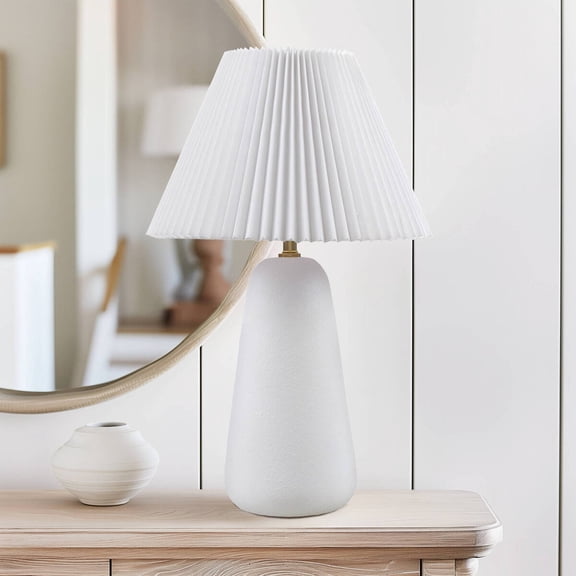 JUYG Textured Ceramic Table Lamp, Fluted Fabric Shade, White