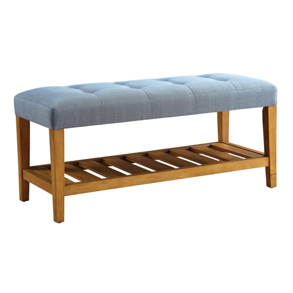 JUYG Tufted Padded Seat Bench, Light Blue and Oak