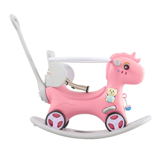 JUYG Unicorn Balance Bike Rocking Horse, Pink, Push Handle, Backrest, Balance Board