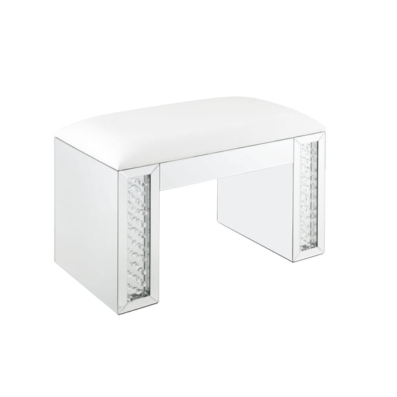JUYG Vanity Stool with Synthetic Leather and Mirrored Faux Crystals, Ivory, Assembled