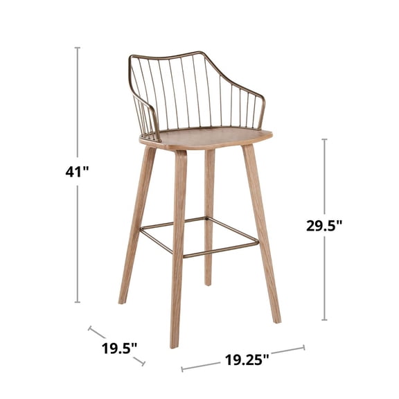 JUYG Whitewashed Wood Fixed Barstool, Antique Copper Frame, Square Footrest