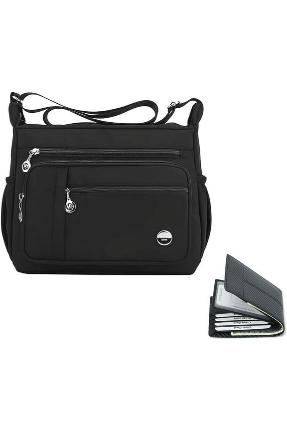 A bundling of cross-body shoulder bags and RFID card wallet for ladies(black-large)