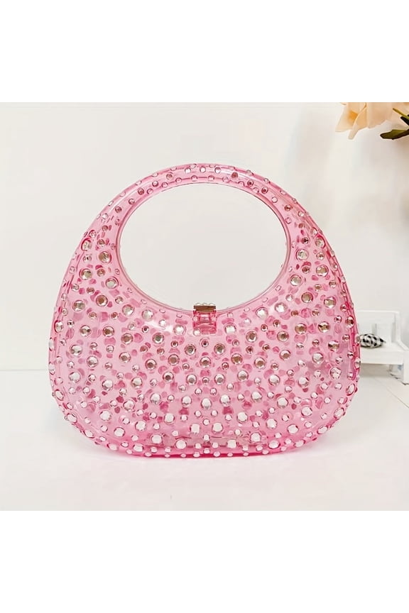 Acrylic Clutch Fashion Moon Crescent Evening Bag Elegant Western Style Geometric Dinner Purse With Glitter Decor