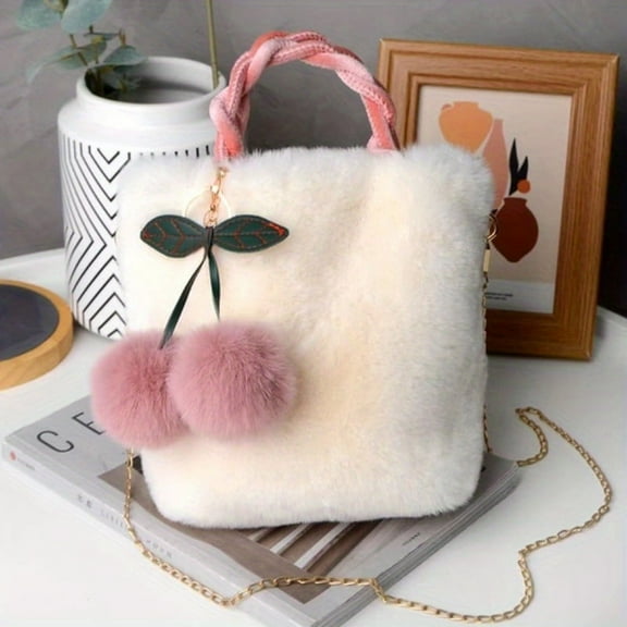 JUYGO Chic Cherry Y2K Faux Fur Crossbody - Women's Autumn/Winter Plush Handbag, magnetic Closure, Faux Leather Lied