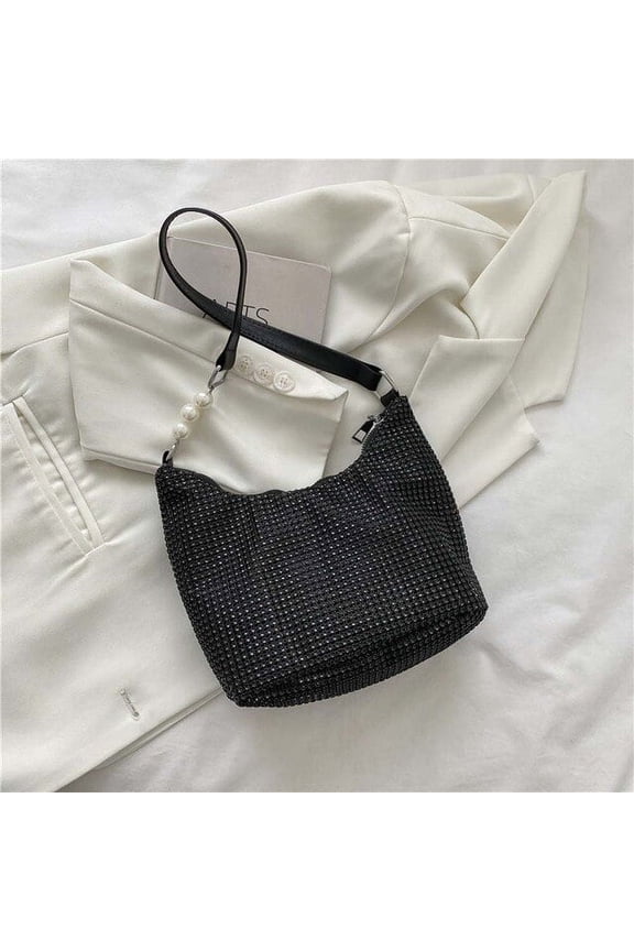 Fashion Rhinestones Handbags Leather Women Girl Pearl Zip Underarm Tote Purses for Outdoor Shopping Business