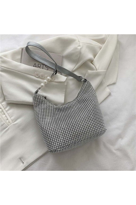 Fashion Rhinestones Handbags Leather Women Girl Pearl Zip Underarm Tote Purses for Outdoor Shopping Business