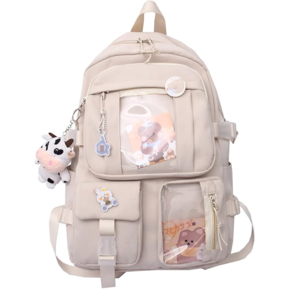 JUYGO Kawaii Backpack with Pins Kawaii School Backpack Cute Aesthetic Backpack Cute Kawaii Backpack for School (Beige, With Accessories)