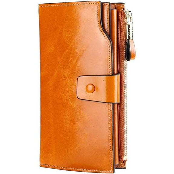 JUYGO Long Wallets for Women, RFID Blocking Credit Card Organizer, Genuine Leather Clutch Trendy Purses (Brown)