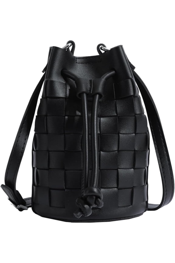 Mini Leather Woven Bucket Bag - Drawstring Purse Crossbody Handbag
