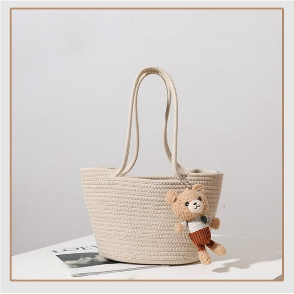 JUYGO New Casual Cotton Thread Shoulder Woven Bag, Cute Little Bear Crossbody Handbag, Woven Bag, Beach Vacation Beach Bag