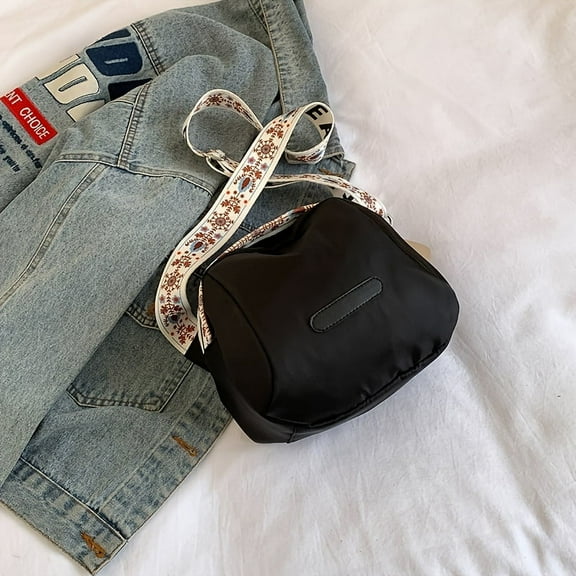 JUYGO Nylon Crossbody Bag For Women With Wide Floral Strap Casual Small Square Shoulder Bag Lightweight Durable Zip Closure Purse