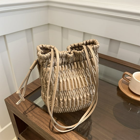 JUYGO Pleated Bucket Bag For Women Versatile PU Shoulder Bag Fashionable Drawstring Top Closure Handbag