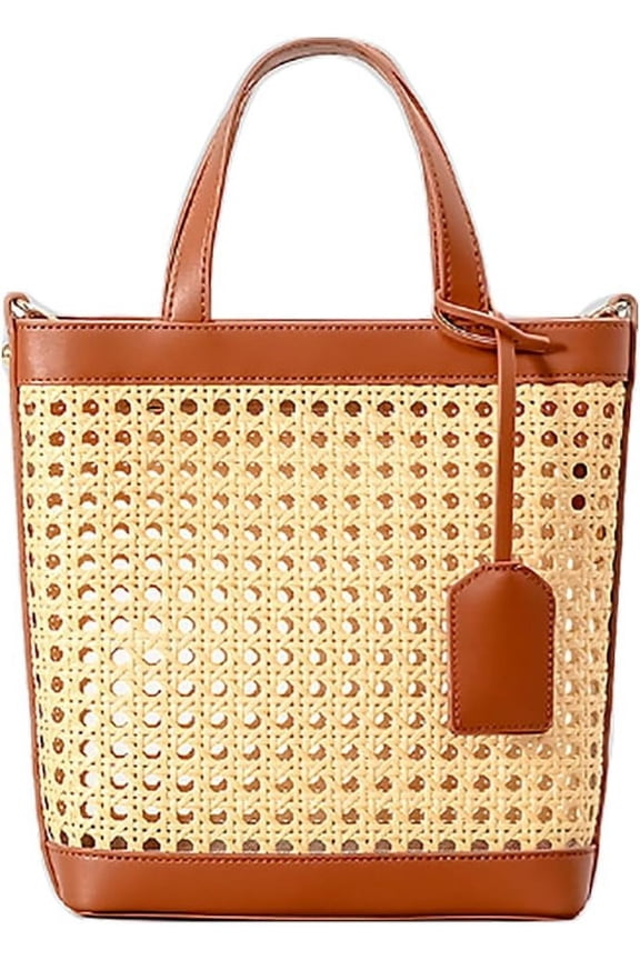 Rattan Tote Bag for Women Straw Beach Bag Crossbody Purse PU Leather Summer Shoulder Bag Cute Boho Purses Tote Handbag