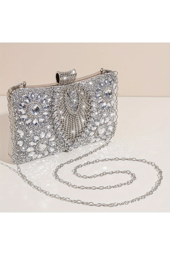 Silver Rhinestone Evening Clutch  Removable Strap Buckle Closure Polyester Lining Ideal for Bridal and Special Occasions