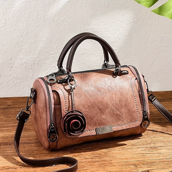 JUYGO Small Retro Boston Handbag - Compact and Stylish Crossbody Bag with Classic Top Handle, Adorned with Delicate Flower Pendant, Fashionable and Trendy Design - Exclusively for Women