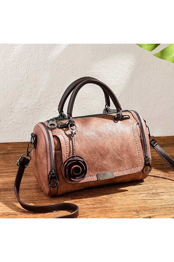 Small Retro Boston Handbag - Compact and Stylish Crossbody Bag with Classic Top Handle, Adorned with Delicate Flower Pendant, Fashionable and Trendy Design - Exclusively for Women