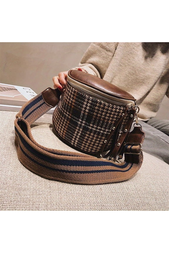 Small Zipper Plaid Pattern Saddle Bag For Women Vintage Style Shoulder Handbag With Striped Strap