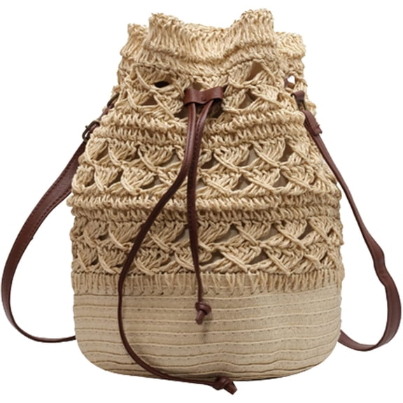 JUYGO Straw Bucket Bag for Women, Summer Woven Beach Bag Drawstring Hobo Bucket Purses Handbag for Vacation