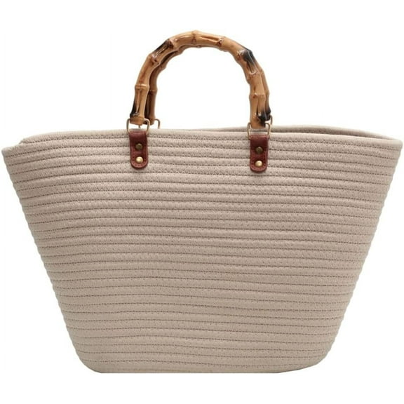 JUYGO Summer Beach Bag for Women Bamboo Handle Handbag Purse Soft Woven Tote Bag Handmade Beach Purse for Vacation